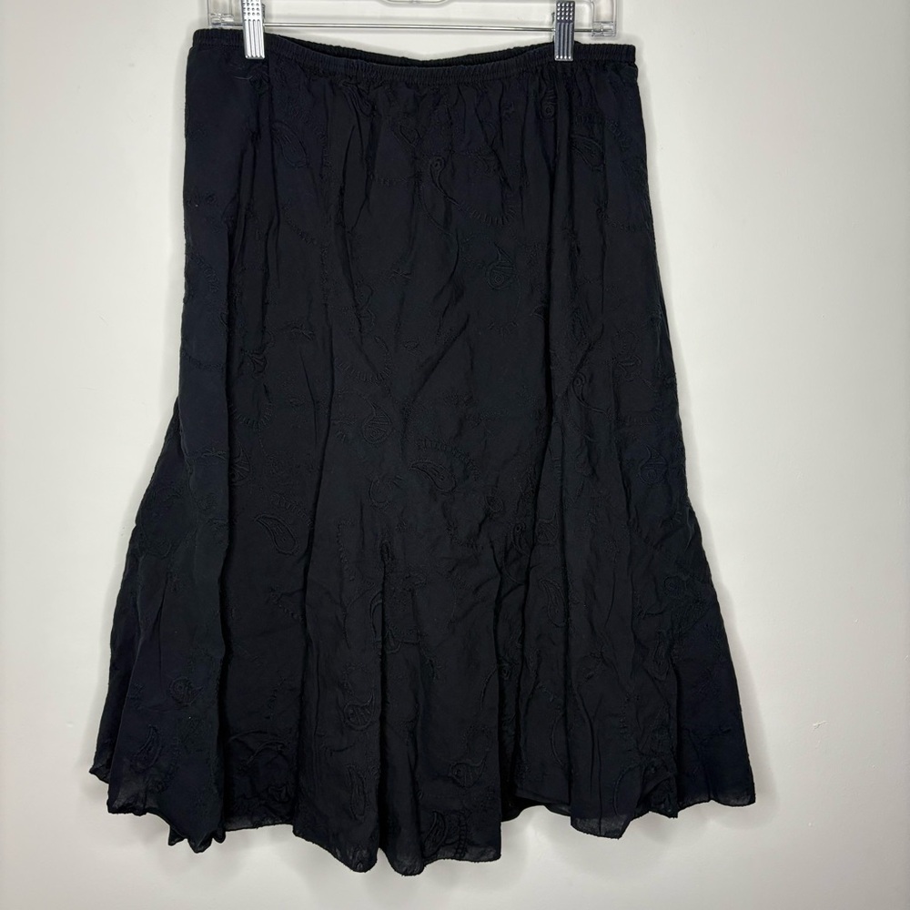 JKLA California Size L Black 100% Cotton Embroidered Floral Flowy A-line Skirt